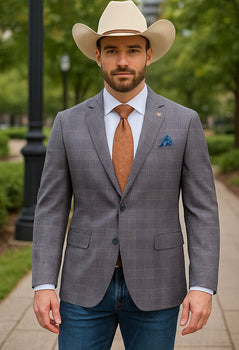Saco vaquero - Western Sport Coat - Western Blazer- Mens Half Canvas Unconstructed Sport Coat Blazer In Grey Blue Windowpane Plaid