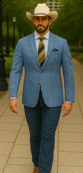 Saco vaquero - Western Sport Coat - Western Blazer  - Mens Half Canvas Unconstructed Sport Coat Blazer In Light Blue Windowpane Plaid