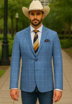 Saco vaquero - Western Sport Coat - Western Blazer  - Mens Half Canvas Unconstructed Sport Coat Blazer In Light Blue Windowpane Plaid