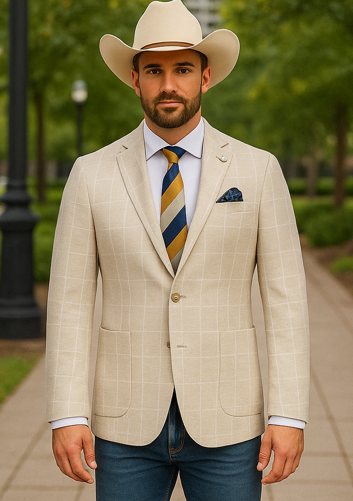 Saco vaquero - Western Sport Coat - Western Blazer- Mens Half Canvas Unconstructed Sport Coat Blazer In Light Tan Beige Windowpane Plaid