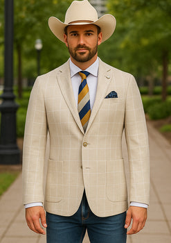 Saco vaquero - Western Sport Coat - Western Blazer- Mens Half Canvas Unconstructed Sport Coat Blazer In Light Tan Beige Windowpane Plaid