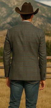 Saco vaquero - Western Sport Coat - Western Blazer - Men's Slim Fit 2 Button Sport Coat Blazer In Grey & Tan Windowpane Plaid