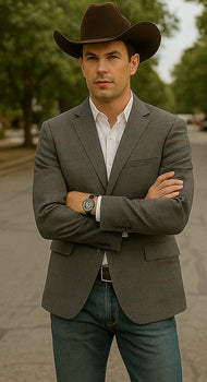 Saco vaquero - Western Sport Coat - Western Blazer - Men's Slim Fit 2 Button Sport Coat Blazer In Grey & Tan Windowpane Plaid