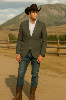 Saco vaquero - Western Sport Coat - Western Blazer - Men's Slim Fit 2 Button Sport Coat Blazer In Grey & Tan Windowpane Plaid