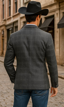Saco vaquero - Western Sport Coat - Western Blazer - Men's Slim Fit 2 Button Sport Coat Blazer In Grey Windowpane Plaid