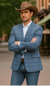 Saco vaquero - Western Sport Coat - Western Blazer- Men's Slim Fit Business Casual Light Blue Plaid Sport Coat