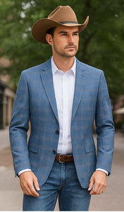 Saco vaquero - Western Sport Coat - Western Blazer- Men's Slim Fit Business Casual Light Blue Plaid Sport Coat