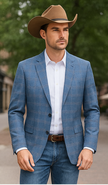 Saco vaquero - Western Sport Coat - Western Blazer- Men's Slim Fit Business Casual Light Blue Plaid Sport Coat