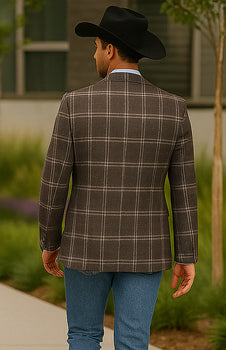 Saco vaquero - Western Sport Coat - Western Blazer-Mens Slim Fit Half Canvas Patch Pocket Summer Cotton Blazer In Brown Windowpane Plaid