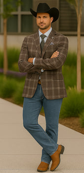 Saco vaquero - Western Sport Coat - Western Blazer-Mens Slim Fit Half Canvas Patch Pocket Summer Cotton Blazer In Brown Windowpane Plaid