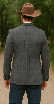 Saco vaquero - Western Sport Coat - Western Blazer- Mens Slim Fit Half Canvas Patch Pocket Summer Cotton Blazer In Charcoal Grey Windowpane Plaid