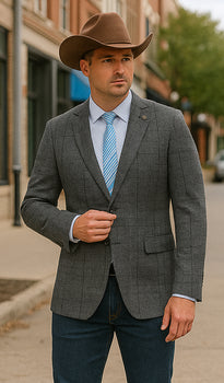 Saco vaquero - Western Sport Coat - Western Blazer- Mens Slim Fit Half Canvas Patch Pocket Summer Cotton Blazer In Charcoal Grey Windowpane Plaid