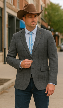 Saco vaquero - Western Sport Coat - Western Blazer- Mens Slim Fit Half Canvas Patch Pocket Summer Cotton Blazer In Charcoal Grey Windowpane Plaid