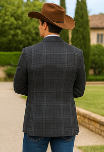 Saco vaquero - Western Sport Coat - Western Blazer - Mens Slim Fit Half Canvas Patch Pocket Summer Cotton Blazer In Grey Black Windowpane Plaid