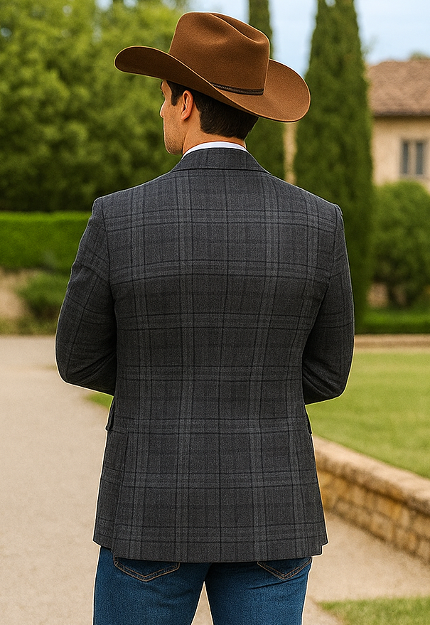 Saco vaquero - Western Sport Coat - Western Blazer  - Mens Slim Fit Half Canvas Patch Pocket Summer Cotton Blazer In Navy Blue Windowpane Plaid