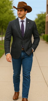 Saco vaquero - Western Sport Coat - Western Blazer - Mens Slim Fit Half Canvas Patch Pocket Summer Cotton Blazer In Grey Black Windowpane Plaid