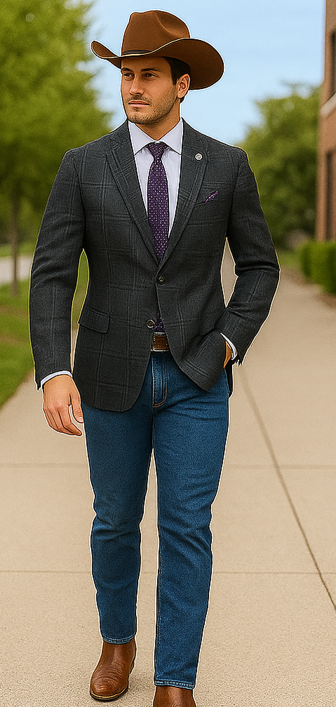 Saco vaquero - Western Sport Coat - Western Blazer - Mens Two Button Slim Fit Patch Pocket Cotton Blazer In Navy Windowpane