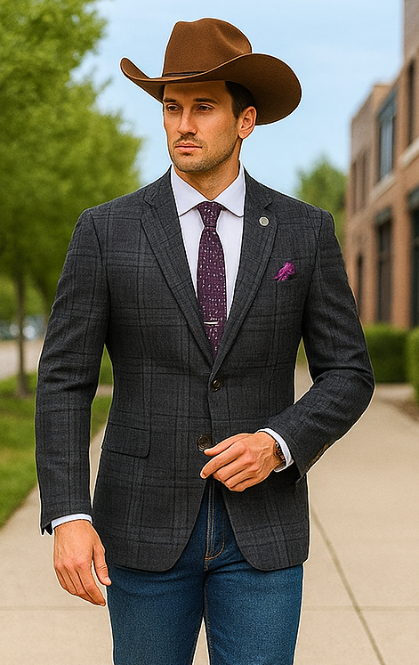 Saco vaquero - Western Sport Coat - Western Blazer - Mens Slim Fit Half Canvas Patch Pocket Summer Cotton Blazer In Grey Black Windowpane Plaid