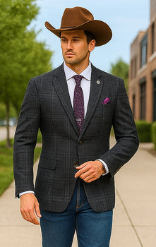 Saco vaquero - Western Sport Coat - Western Blazer - Mens Slim Fit Half Canvas Patch Pocket Summer Cotton Blazer In Grey Black Windowpane Plaid