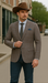 Saco vaquero - Western Sport Coat - Western Blazer - Mens Slim Fit Two Button Patch Pocket Cotton Blazer In Tan & Burgundy Windowpane Plaid