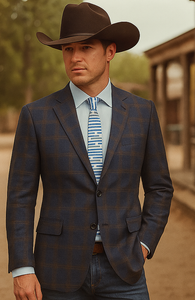 Saco vaquero - Western Sport Coat - Western Blazer - Mens Slim Fit Two Button Sport Coat Blazer In Navy Blue & Gold Windowpane Plaid