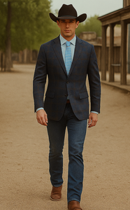 Saco vaquero - Western Sport Coat - Western Blazer - Mens Slim Fit Two Button Sport Coat Blazer In Navy Blue & Gold Windowpane Plaid