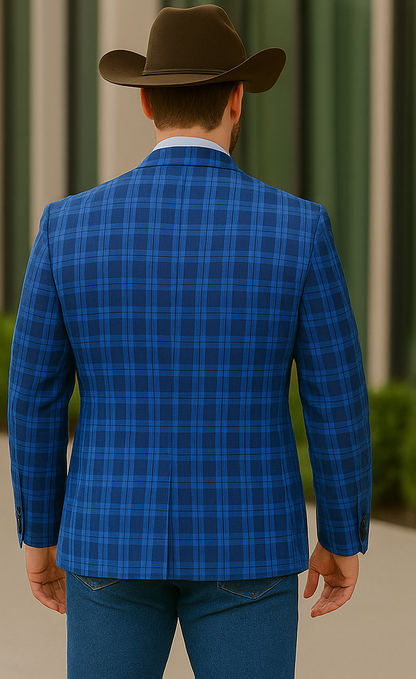 Saco vaquero - Western Sport Coat - Western Blazer - Mens Slim Fit Two Button Sport Coat Blazer In Royal & Navy Blue Windowpane Plaid