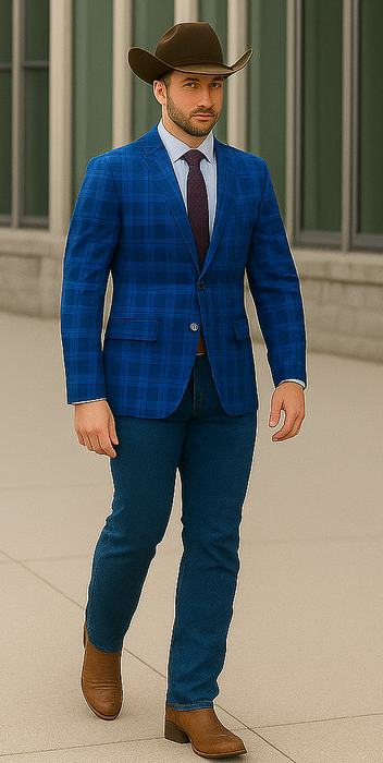 Saco vaquero - Western Sport Coat - Western Blazer - Mens Slim Fit Two Button Sport Coat Blazer In Royal & Navy Blue Windowpane Plaid