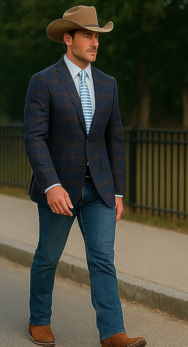 Saco vaquero - Western Sport Coat - Western Blazer - Mens Slim Fit Two Button Sport Coat Blazer Navy Blue & Gold Windowpane Plaid