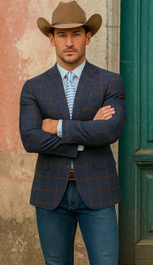 Saco vaquero - Western Sport Coat - Western Blazer - Mens Slim Fit Two Button Sport Coat Blazer Navy Blue & Gold Windowpane Plaid
