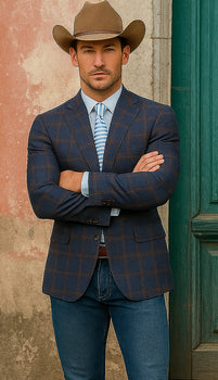 Saco vaquero - Western Sport Coat - Western Blazer - Mens Slim Fit Two Button Sport Coat Blazer Navy Blue & Gold Windowpane Plaid