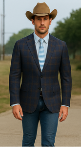 Saco vaquero - Western Sport Coat - Western Blazer - Mens Slim Fit Two Button Sport Coat Blazer Navy Blue & Gold Windowpane Plaid