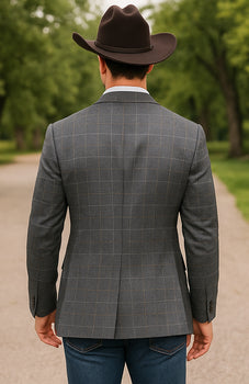 Saco vaquero - Western Sport Coat - Western Blazer - Men's Slim Fit Two Button Windowpane Plaid Sport Coat In Charcoal Grey