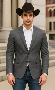 Saco vaquero - Western Sport Coat - Western Blazer - Men's Slim Fit Two Button Windowpane Plaid Sport Coat In Charcoal Grey