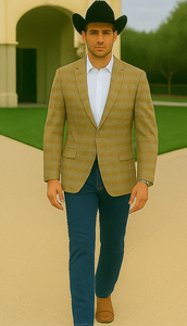 Saco vaquero - Western Sport Coat - Western Blazer- Men's Two Button Business Casual Double Windowpane Sport Coat In Camel & Teal