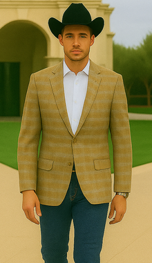 Saco vaquero - Western Sport Coat - Western Blazer- Men's Two Button Business Casual Double Windowpane Sport Coat In Camel & Teal