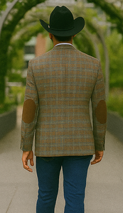 Saco vaquero - Western Sport Coat - Western Blazer- Men's Two Button Business Casual Double Windowpane Sport Coat In Dark Camel Bronze & Teal