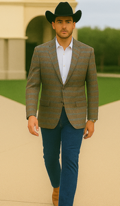 Saco vaquero - Western Sport Coat - Western Blazer- Men's Two Button Business Casual Double Windowpane Sport Coat In Dark Camel Bronze & Teal