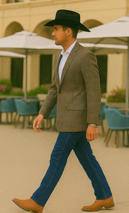 Saco vaquero - Western Sport Coat - Western Blazer- Men's Two Button Business Casual Double Windowpane Sport Coat In Dark Camel Bronze & Teal