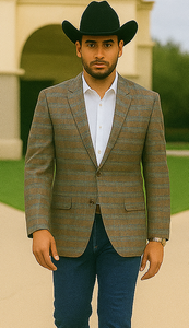 Saco vaquero - Western Sport Coat - Western Blazer- Men's Two Button Business Casual Double Windowpane Sport Coat In Dark Camel Bronze & Teal