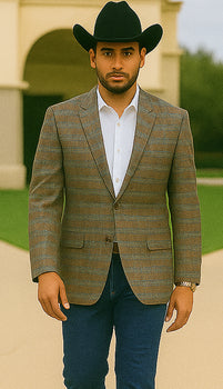 Saco vaquero - Western Sport Coat - Western Blazer- Men's Two Button Business Casual Double Windowpane Sport Coat In Dark Camel Bronze & Teal