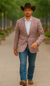 Saco vaquero - Western Sport Coat - Western Blazer - Men's Two Button Business Casual Double Windowpane Sport Coat In Rose Pink