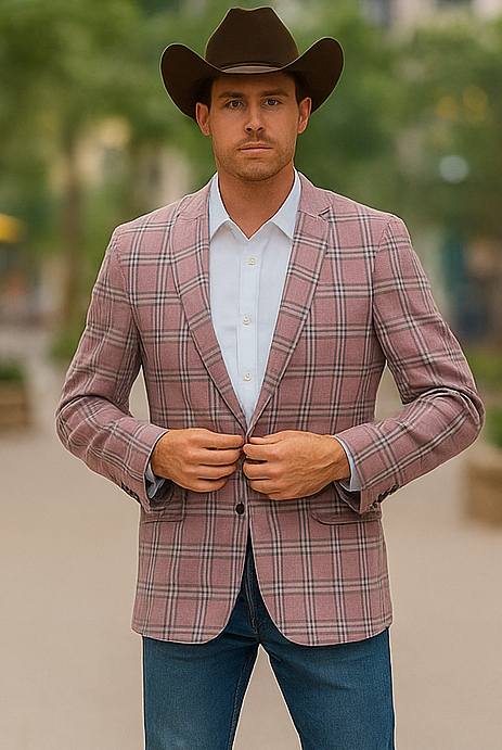 Saco vaquero - Western Sport Coat - Western Blazer - Men's Two Button Business Casual Double Windowpane Sport Coat In Rose Pink