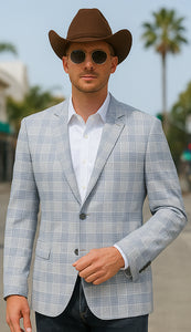 Saco vaquero - Western Sport Coat - Western Blazer - Men's Two Button Business Casual Glen Plaid Sports Coat In Grey & Blue