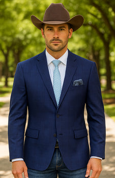 Saco vaquero - Western Sport Coat - Western Blazer  - Mens Two Button Classic Fit Sport Coat Blazer In Dark Navy Blue Windowpane Plaid