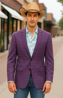 Saco vaquero - Western Sport Coat - Western Blazer - Men's Two Button Fit Windowpane Plaid Magenta  Sport Coat Blazer