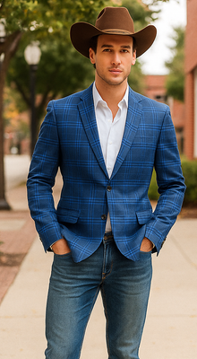 Saco vaquero - Western Sport Coat - Western Blazer - Men's Two Button Regular Fit Double Windowpane Plaid Blazer In Dark Blue