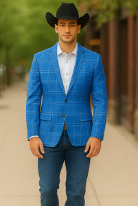 Saco vaquero - Western Sport Coat - Western Blazer  - Men's Two Button Regular Fit Light Blue Double Windowpane Plaid Blazer