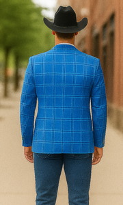 Saco vaquero - Western Sport Coat - Western Blazer  - Men's Two Button Regular Fit Light Blue Double Windowpane Plaid Blazer