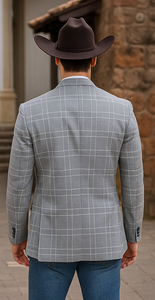 Saco vaquero - Western Sport Coat - Western Blazer - Men's Two Button Regular Fit Light Grey Double Windowpane Plaid Blazer